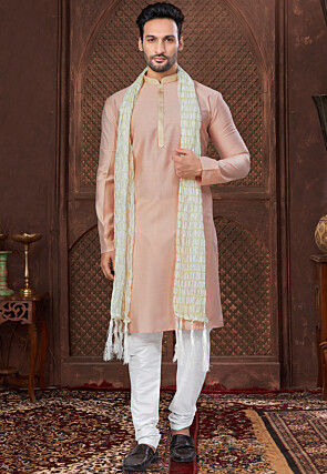Embroidered Collar Art Silk Kurta Set in Peach