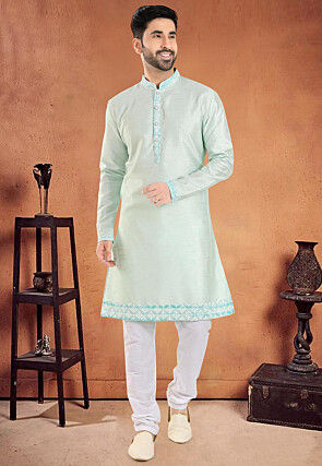 Embroidered Collar Art Silk Kurta Set in Sea Green