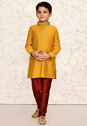 Embroidered Collar Art Silk Kurta Set in Yellow