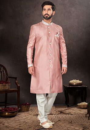 Embroidered Collar Art Silk Sherwani in Peach