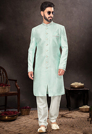 Embroidered Collar Art Silk Sherwani in Sea Green