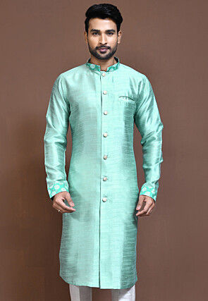 Embroidered Collar Art Silk Sherwani in Sea Green