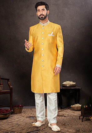 Embroidered Collar Art Silk Sherwani in Yellow