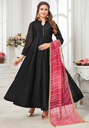 Embroidered Collar Chanderi Silk Abaya Style Suit in Black
