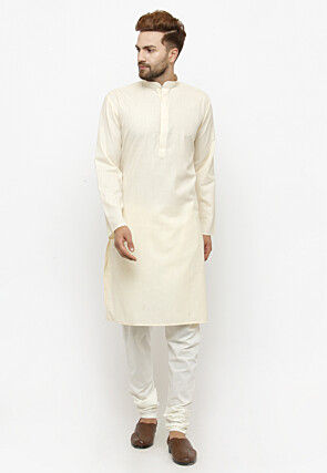 Embroidered Collar Cotton Kurta Set in Light Beige