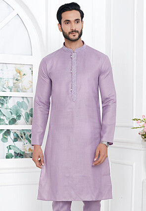 Embroidered Collar Cotton Linen Kurta in Purple