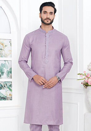 Embroidered Collar Cotton Linen Kurta in Purple