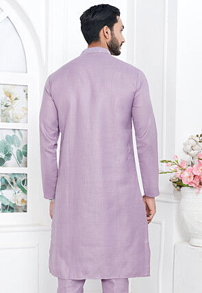 Embroidered Collar Cotton Linen Kurta in Purple