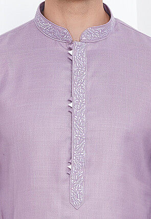 Embroidered Collar Cotton Linen Kurta in Purple