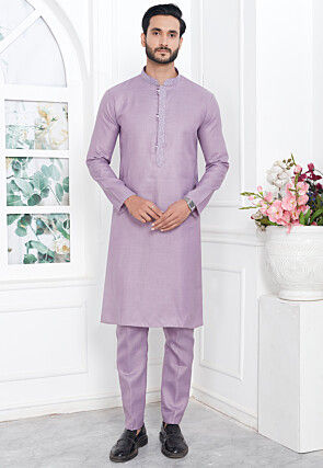 Embroidered Collar Cotton Linen Kurta in Purple