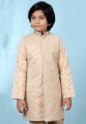 Embroidered Collar Cotton Silk Jacquard Sherwani in Beige