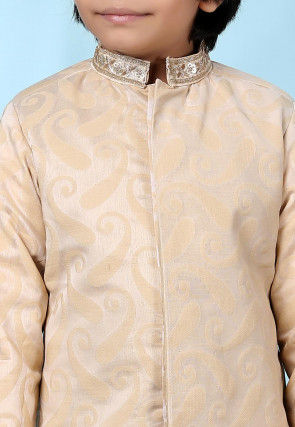 Embroidered Collar Cotton Silk Jacquard Sherwani in Beige