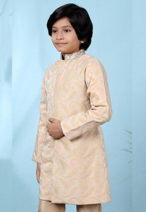 Embroidered Collar Cotton Silk Jacquard Sherwani in Beige