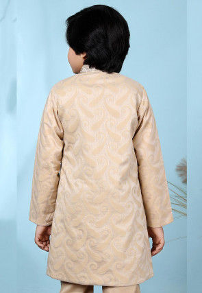 Embroidered Collar Cotton Silk Jacquard Sherwani in Beige