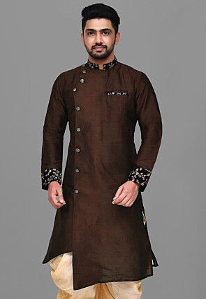 Embroidered Collar Dupion Silk Asymmetric Kurta in Brown