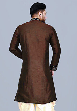 Embroidered Collar Dupion Silk Asymmetric Kurta in Brown
