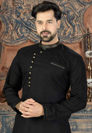 Embroidered Collar Dupion Silk Kurta  in Black
