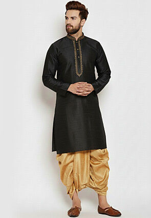 Embroidered Collar Dupion Silk Kurta Set in Black