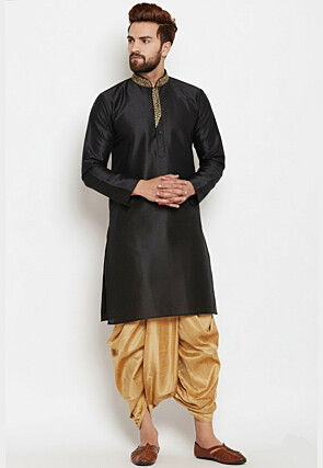 Embroidered Collar Dupion Silk Kurta Set in Black