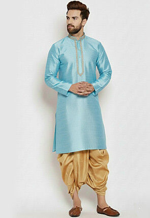 Embroidered Collar Dupion Silk Kurta Set in Light Blue