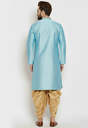 Embroidered Collar Dupion Silk Kurta Set in Light Blue
