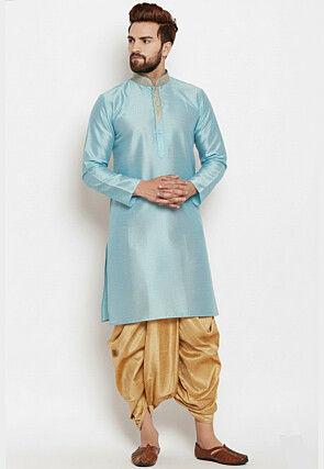 Embroidered Collar Dupion Silk Kurta Set in Light Blue