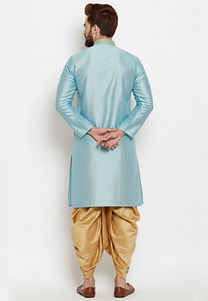 Embroidered Collar Dupion Silk Kurta Set in Light Blue