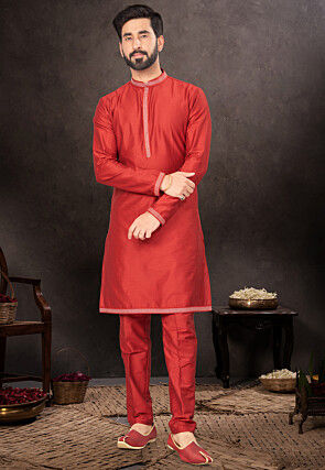 Embroidered Collar Dupion Silk Kurta Set in Maroon