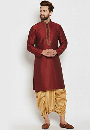 Embroidered Collar Dupion Silk Kurta Set in Maroon
