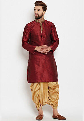 Embroidered Collar Dupion Silk Kurta Set in Maroon