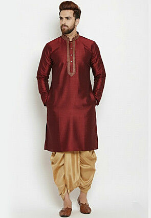 Embroidered Collar Dupion Silk Kurta Set in Maroon