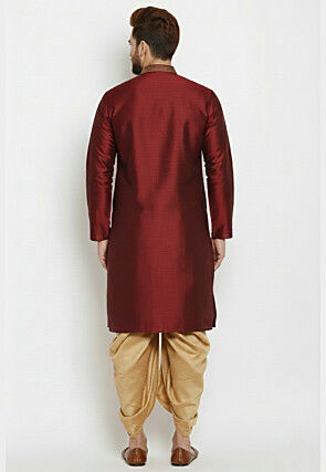 Embroidered Collar Dupion Silk Kurta Set in Maroon