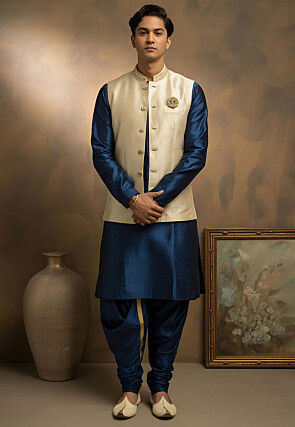 Embroidered Collar Dupion Silk Kurta Set in Navy Blue and Cream