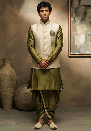 Embroidered Collar Dupion Silk Kurta Set in Olive Green and Cream
