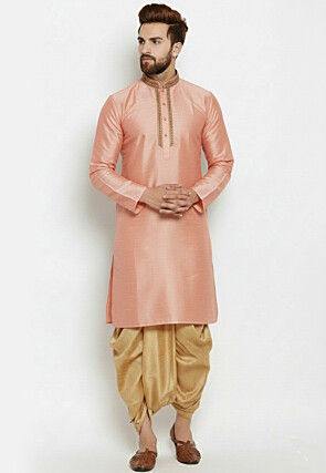 Embroidered Collar Dupion Silk Kurta Set in Peach