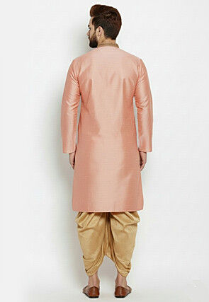 Embroidered Collar Dupion Silk Kurta Set in Peach