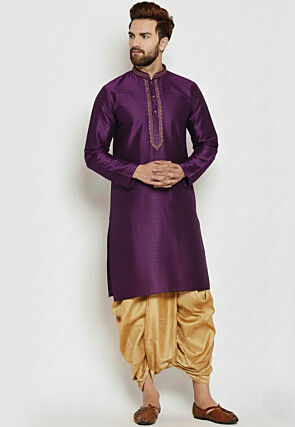 Embroidered Collar Dupion Silk Kurta Set in Purple