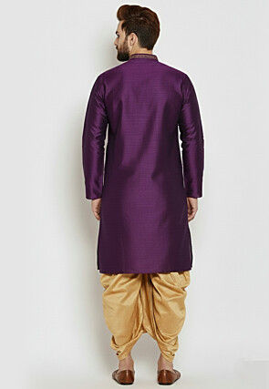 Embroidered Collar Dupion Silk Kurta Set in Purple