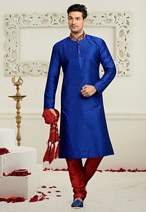 Embroidered Collar Dupion Silk Kurta Set in Royal Blue