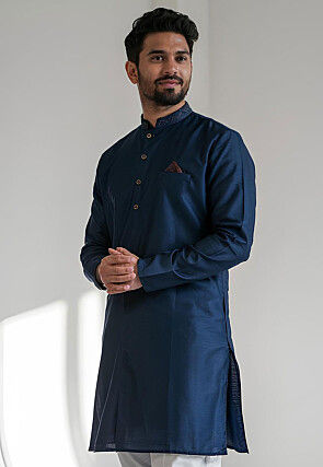 Embroidered Collar Dupion Silk Kurta in Teal Blue