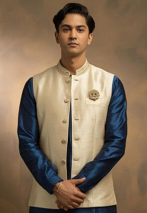 Embroidered Collar Dupion Silk Nehru Jacket in Cream