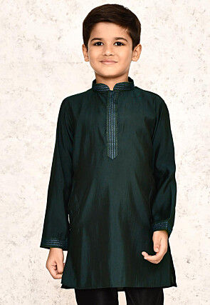 Embroidered Collar Lycra Kurta in Dark Green