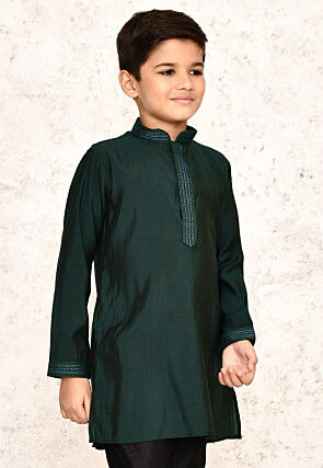 Embroidered Collar Lycra Kurta in Dark Green