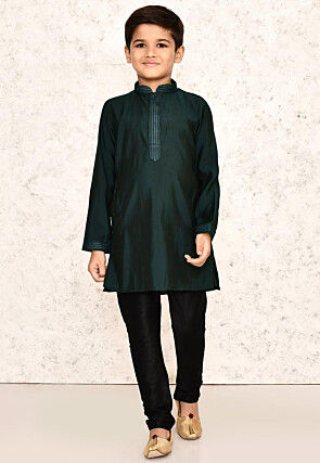 Embroidered Collar Lycra Kurta Set in Dark Green