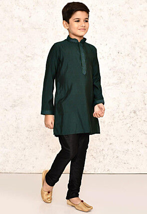 Embroidered Collar Lycra Kurta Set in Dark Green