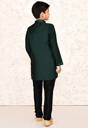 Embroidered Collar Lycra Kurta Set in Dark Green