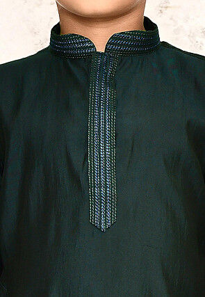 Embroidered Collar Lycra Kurta Set in Dark Green
