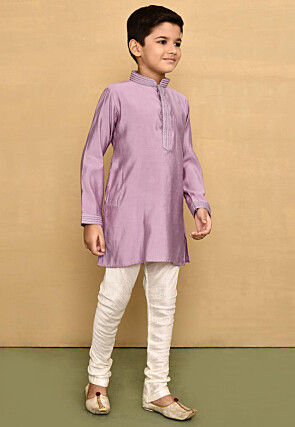 Embroidered Collar Lycra Kurta Set in Light Purple