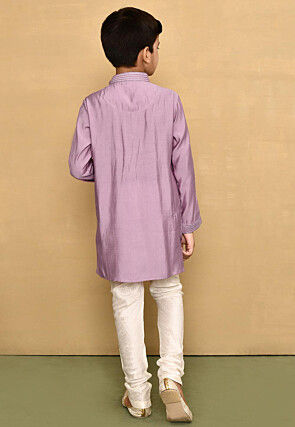 Embroidered Collar Lycra Kurta Set in Light Purple