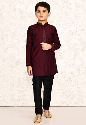 Embroidered Collar Lycra Kurta Set in Maroon